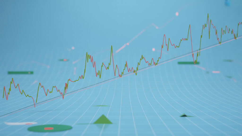 Green and red stock candlestick chart representing Nifty 50 and Sensex performance