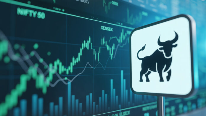 Stock market screen showing Nifty 50 and Sensex indices with green and red candlestick charts
