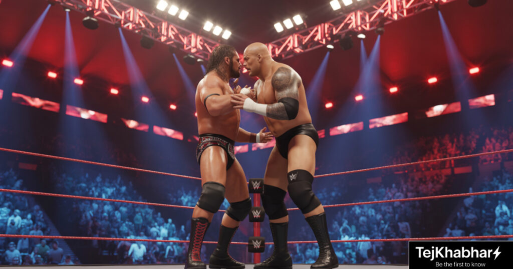 WWE superstars face to face in a heated confrontation inside the ring with red lighting and crowd backdrop.