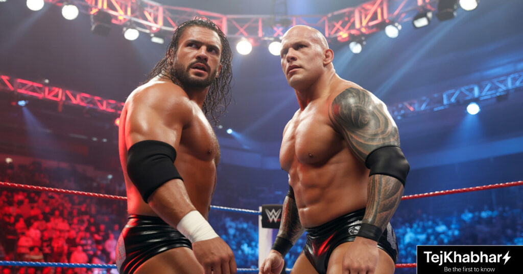Tag team wrestlers posing after a match, standing confidently in the ring amid flashing lights and cheering fans. 