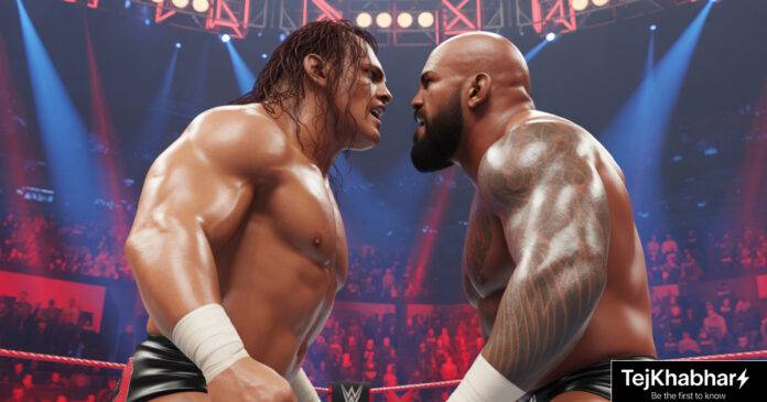 Two muscular wrestlers in an intense face-off inside the wrestling ring during a packed WWE event.